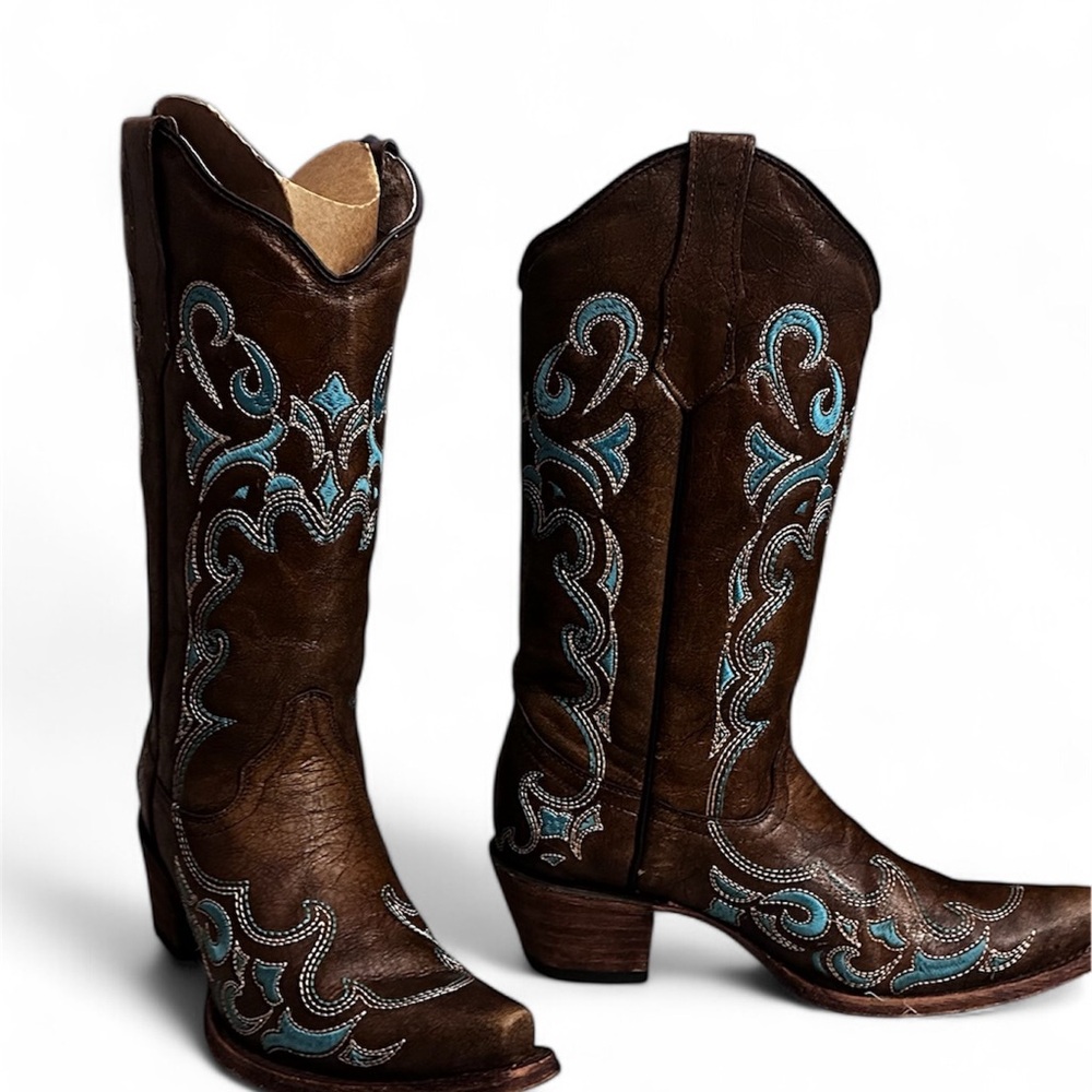 Circle G Turquoise Scroll Embroidered Brown Leather Cowgirl Boots